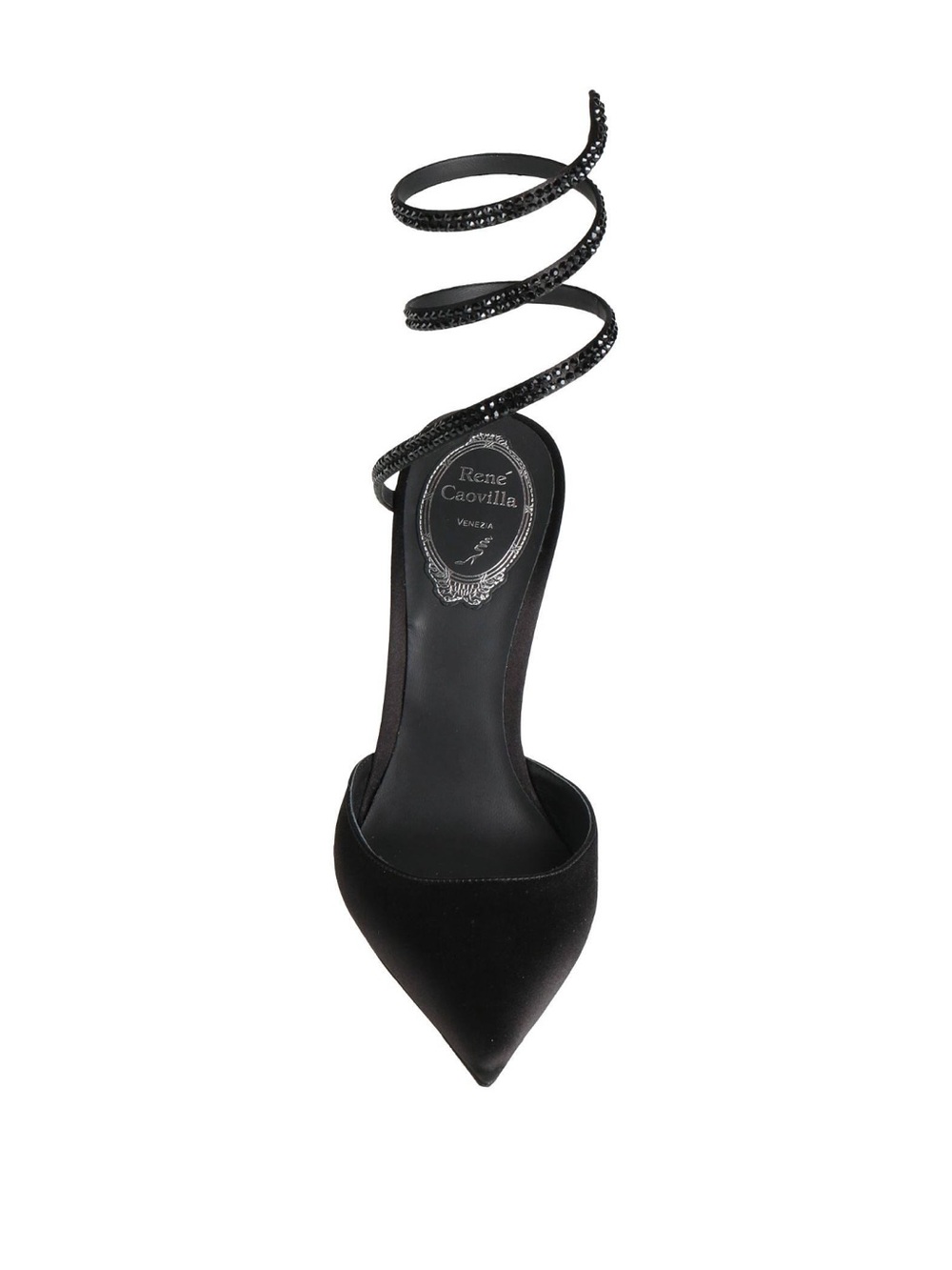 Rene Caovilla Black Pointed Pump with Spiral Crystal Ankle Strap